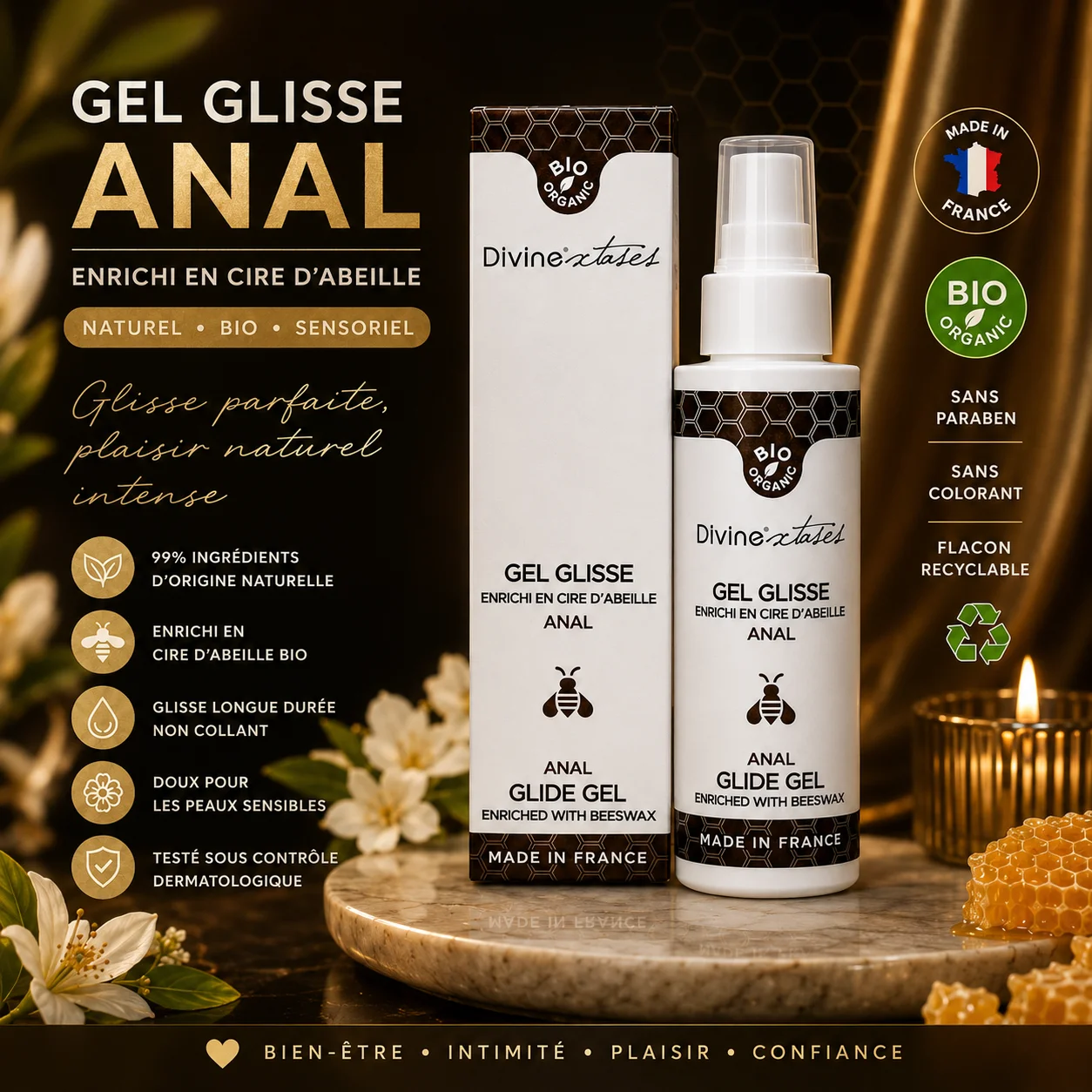 Gel glisse anal bio enrichi en cire d'abeille, 99 % d'ingrédients d'origine naturelle, fabriqué en France